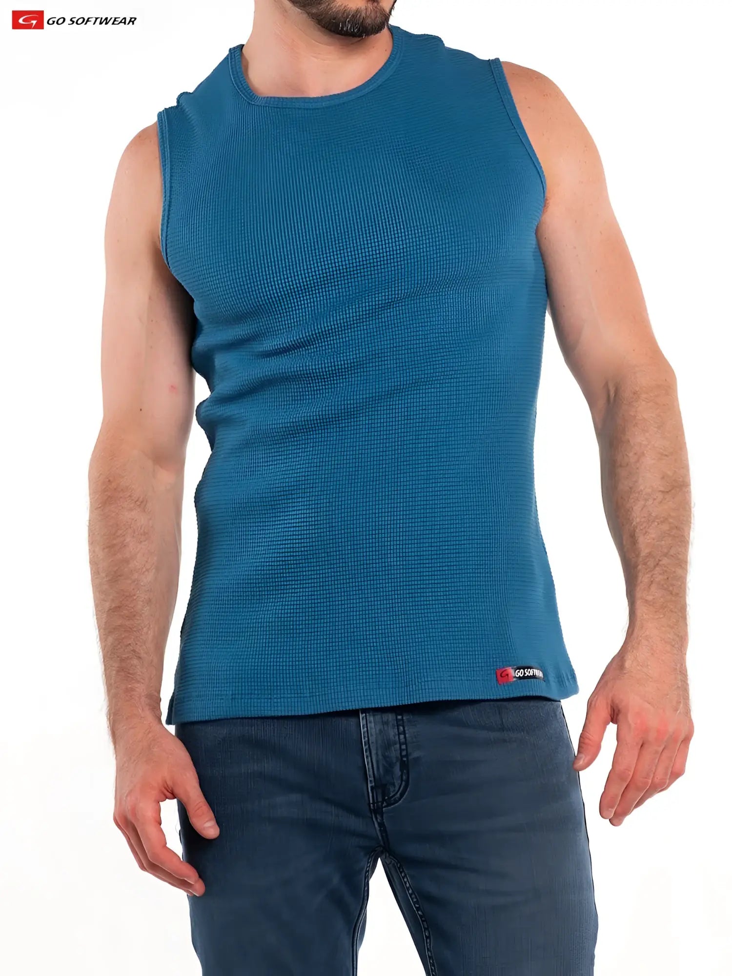 Teal waffle-knit sleeveless So Cal sleeveless tee with round neckline and subtle brand logo at the hem