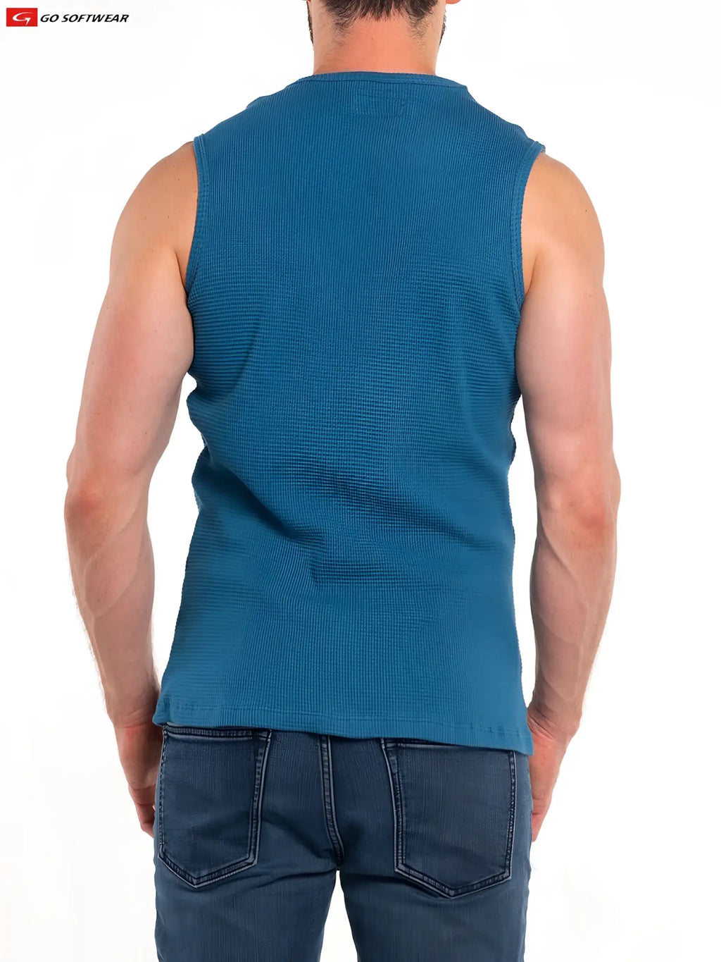 Teal waffle-knit sleeveless tank top from so cal sleeveless tee featuring a textured fabric perfect for casual wear