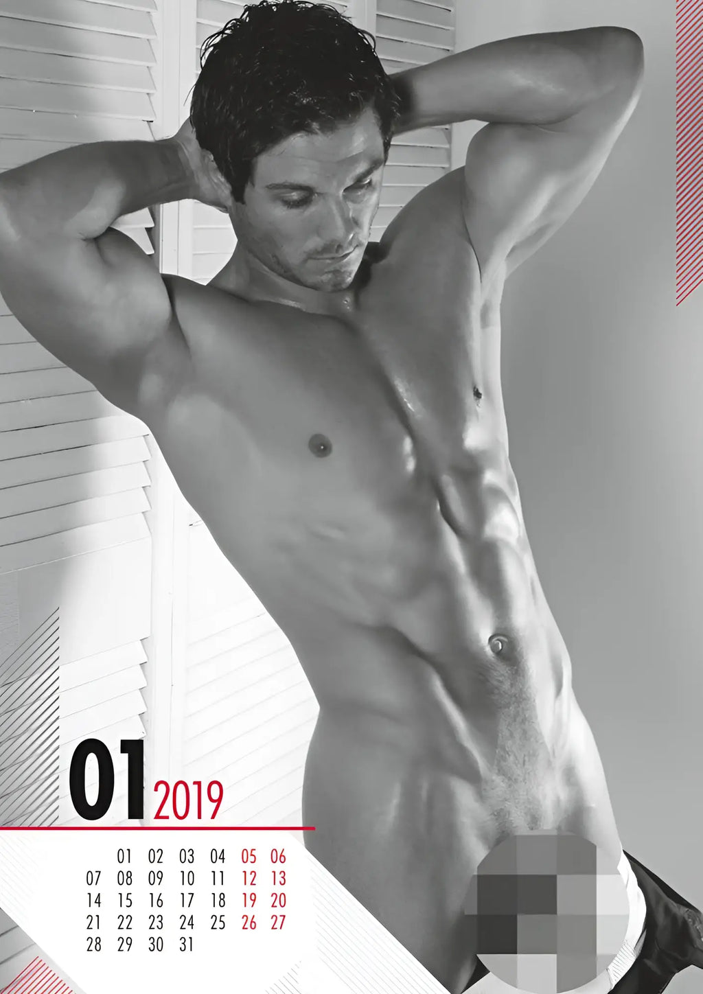Black-and-white calendar page from calendar 2019 pin up real cocks featuring a muscular man pose and january grid