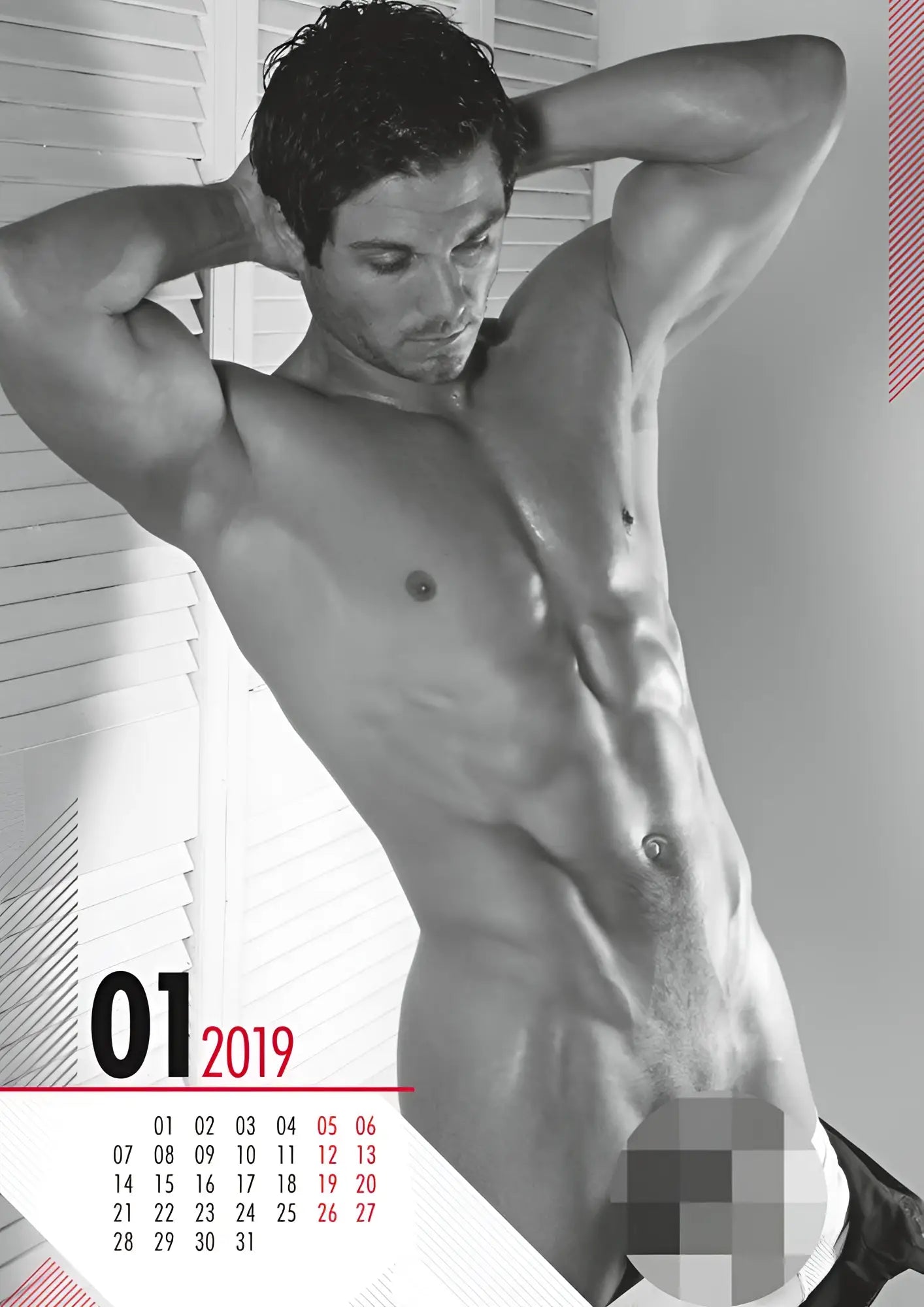Black-and-white calendar page from calendar 2019 pin up real cocks featuring a muscular man pose and january grid