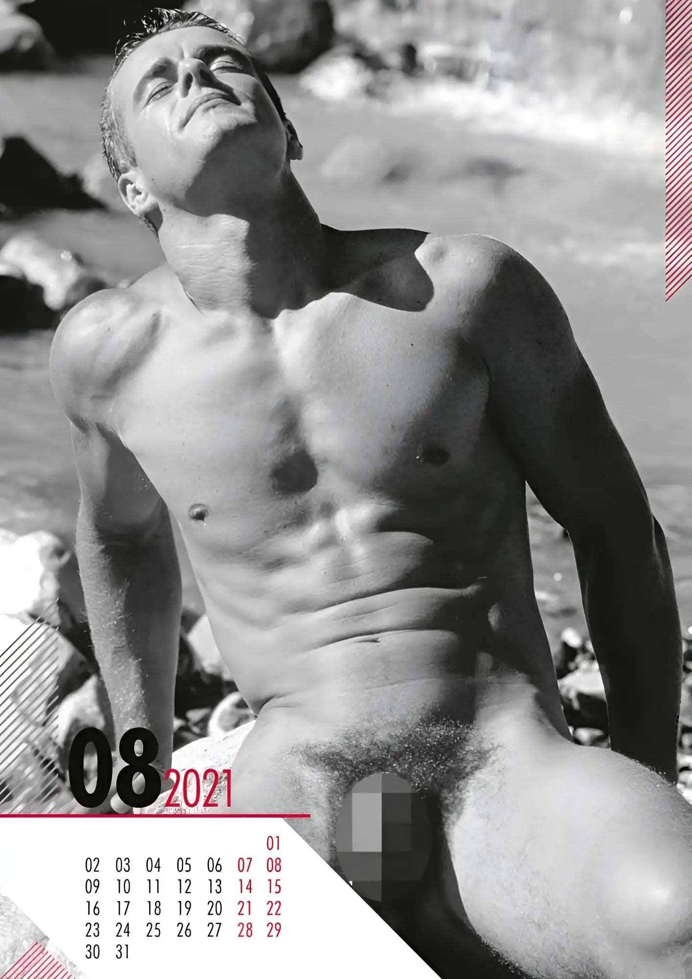 Black-and-white calendar page for august 2021 with man at beach from calendar 2021 hc real cocks pin up size one size
