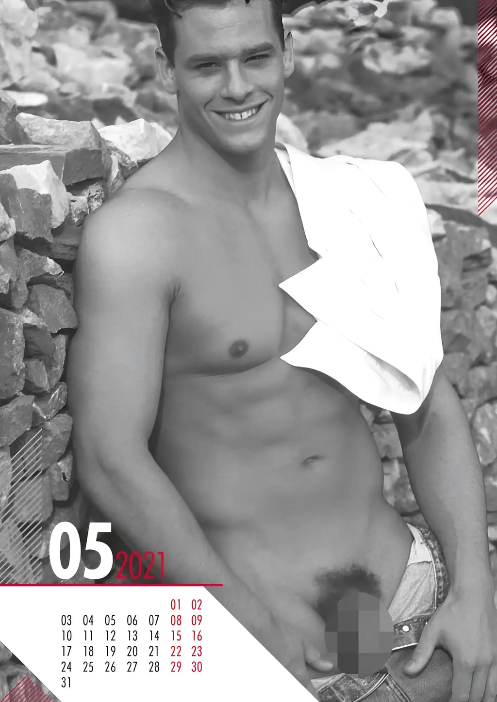 Black-and-white may 2021 calendar page featuring shirtless man with defined abs and white towel from hc real cocks pin up calendar