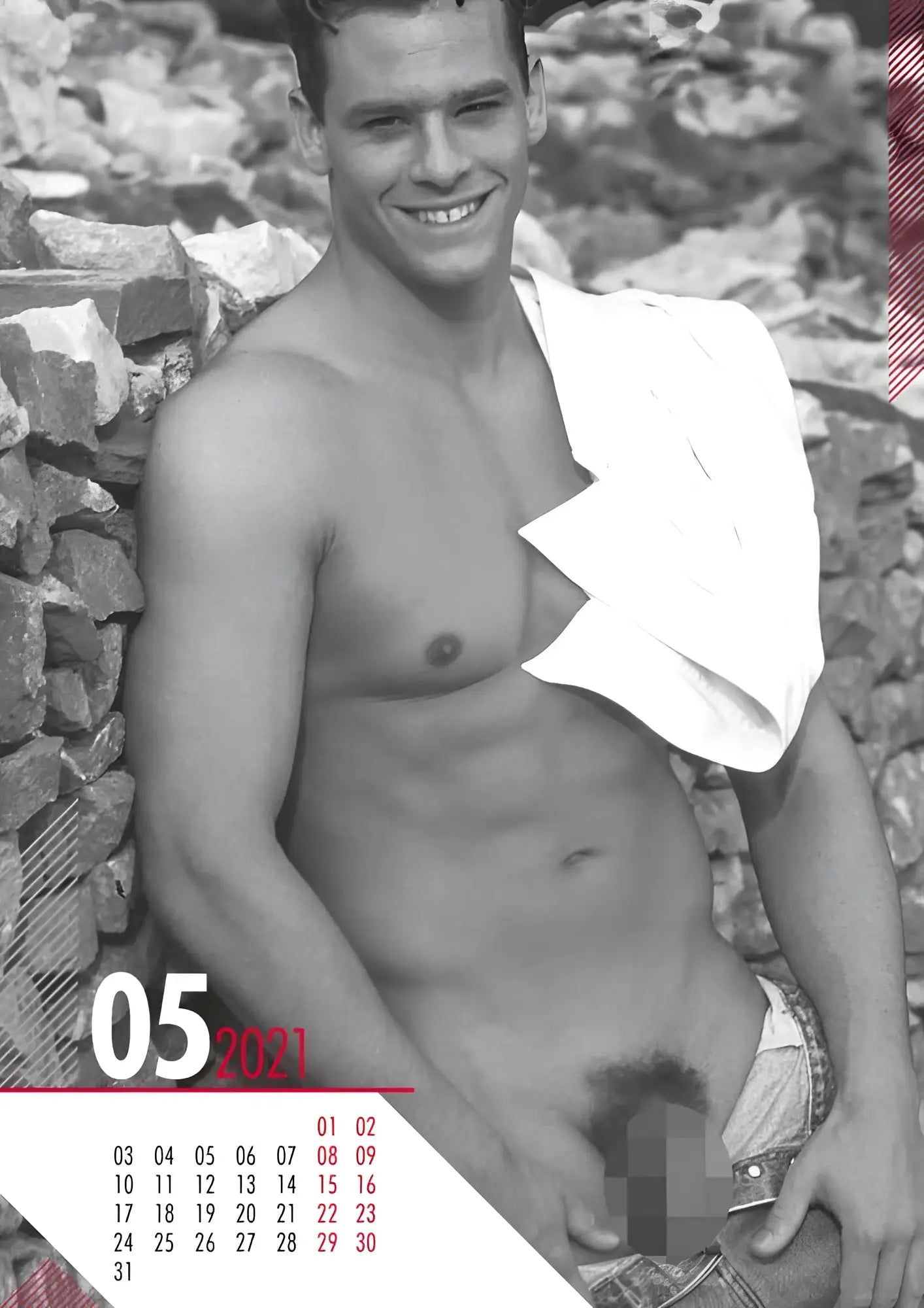 Black-and-white may 2021 calendar page featuring shirtless man with defined abs and white towel from hc real cocks pin up calendar
