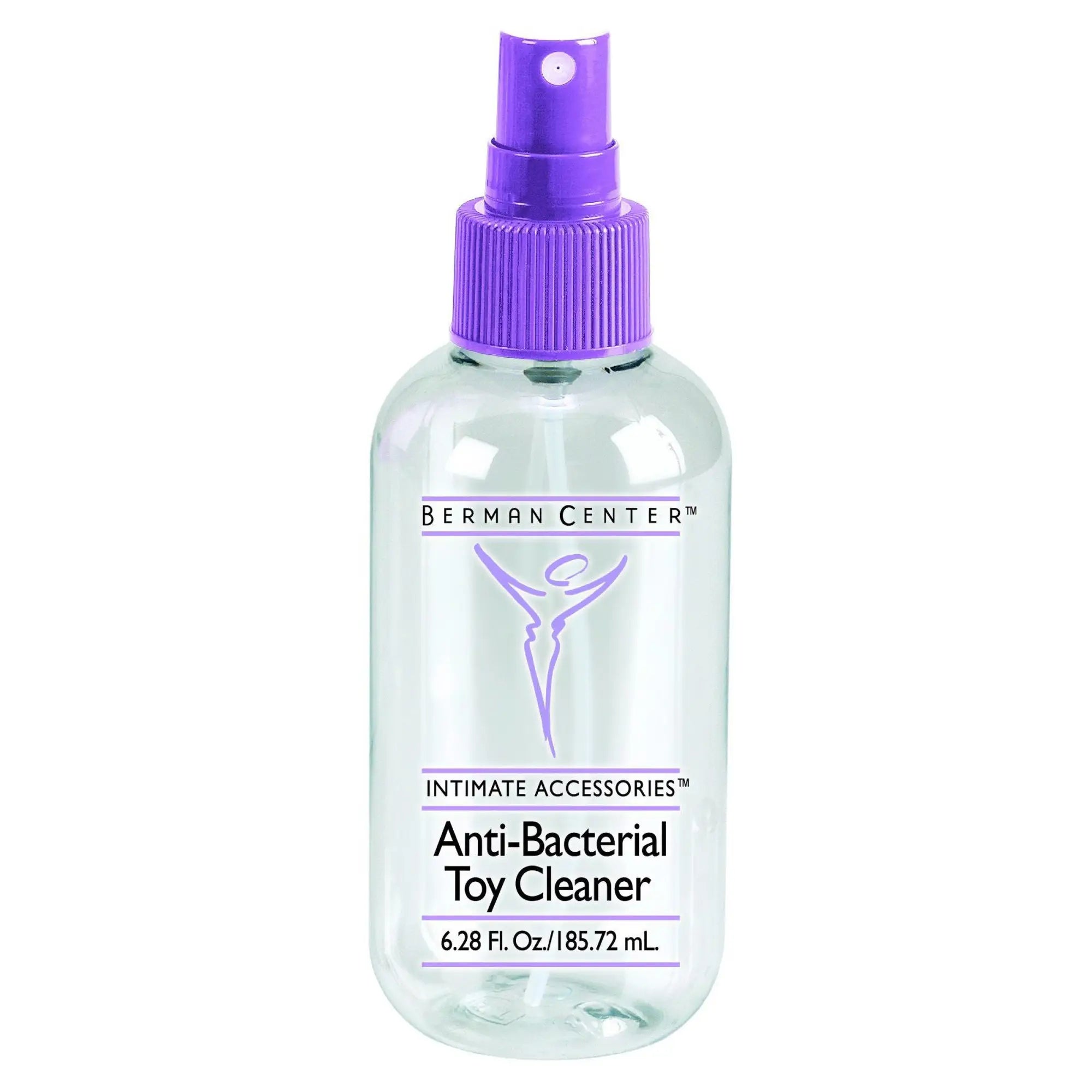 California Exotic Novelties Dr. Berman Anti-Bacterial Toy Cleaner in a clear spray bottle with a purple pump nozzle.