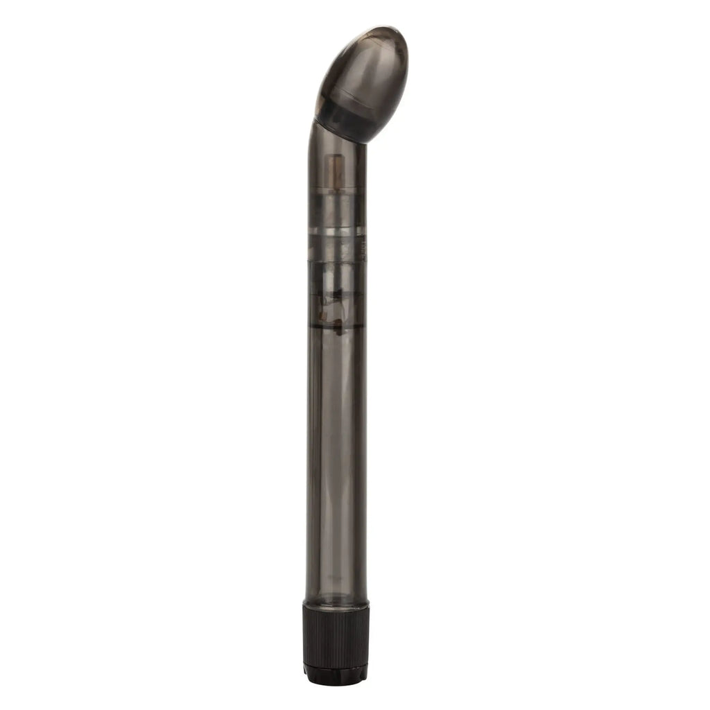 California Exotic Novelties Dr. Joel Kaplan vibrating prostate massager, a slender, curved, transparent grey device.