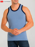 Blue heathered California Bliss classic tank top with navy blue trim made of soft breathable fabric