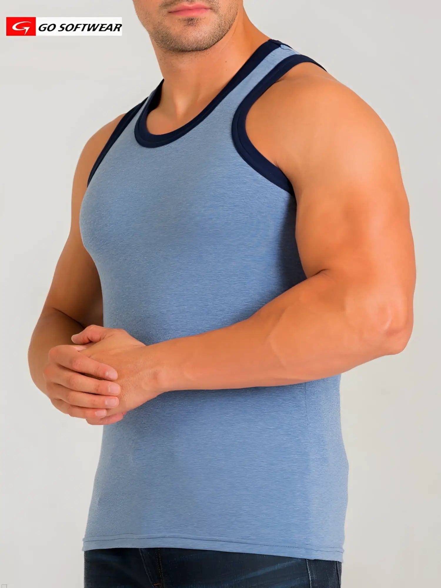 Blue heathered california bliss classic tank top with navy blue trim made of soft breathable fabric