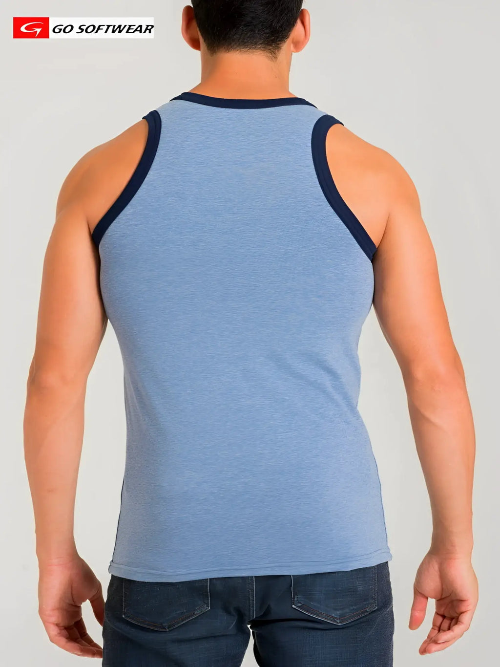 Blue heathered California bliss classic tank top with navy blue trim made from soft breathable fabric