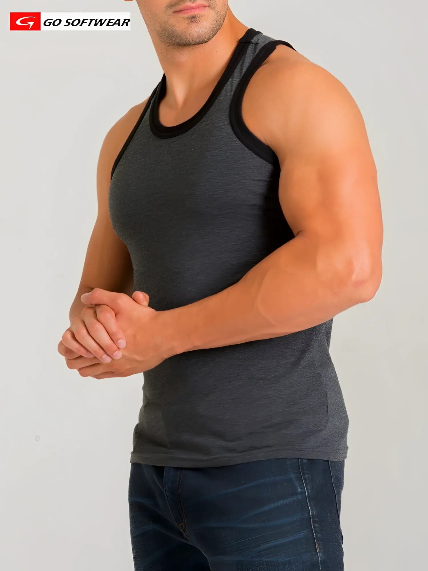 Dark gray california bliss classic tank top with black trim fitted sleeveless neckline and armholes