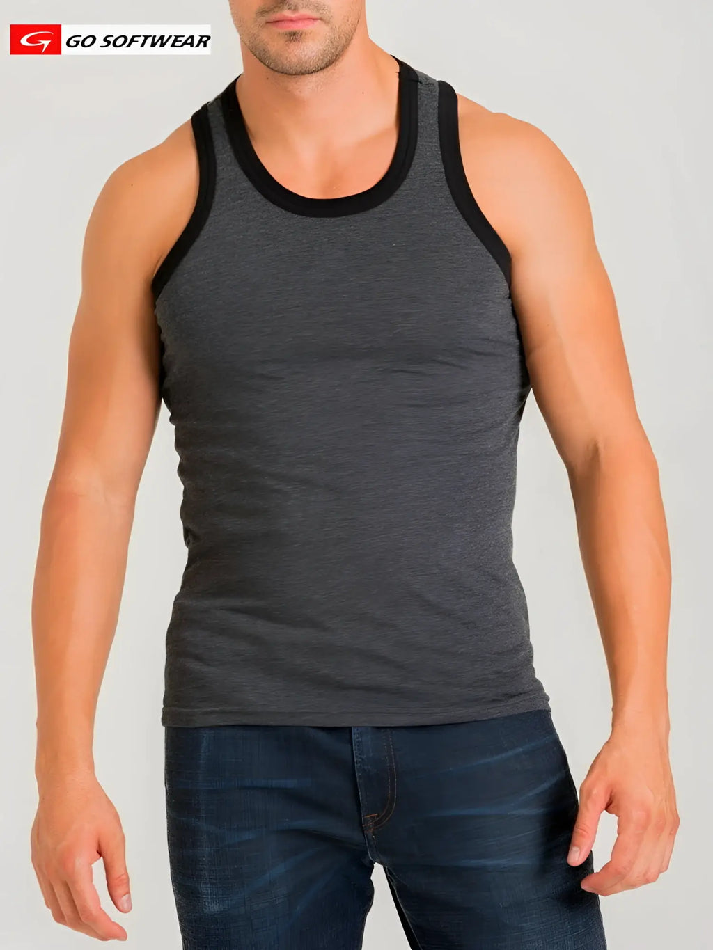Dark gray heathered california bliss classic tank top with black trim made of soft breathable fabric