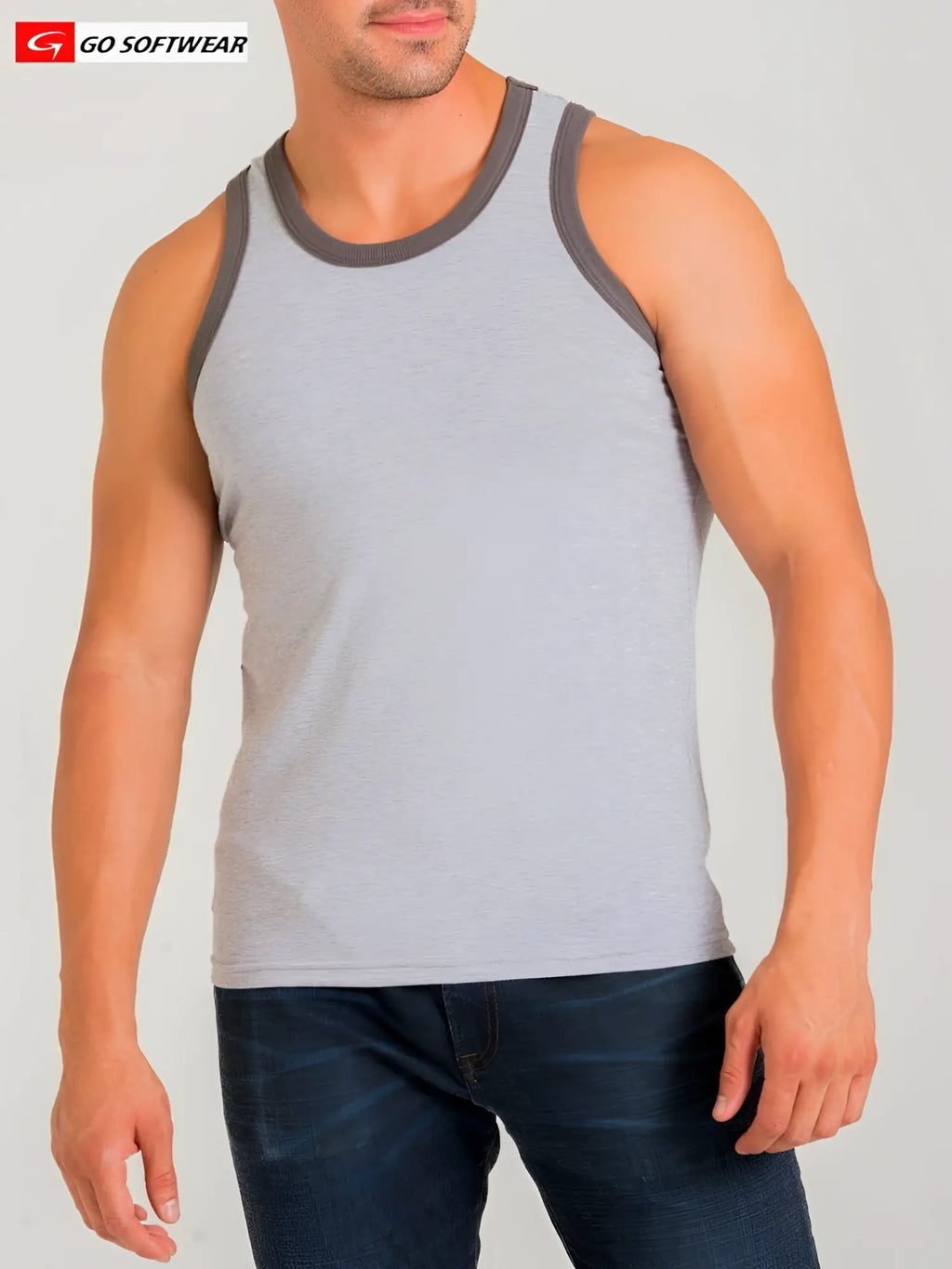 Gray heathered california bliss classic tank top with dark gray ribbed trim made from soft breathable fabric