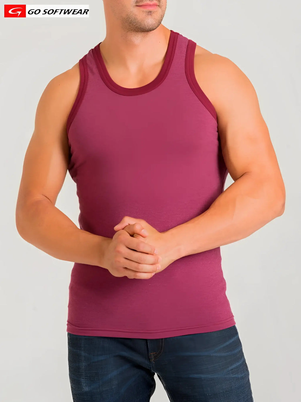 Maroon sleeveless California Bliss Classic tank top with ribbed neckline and hem made from soft cotton blend fabric