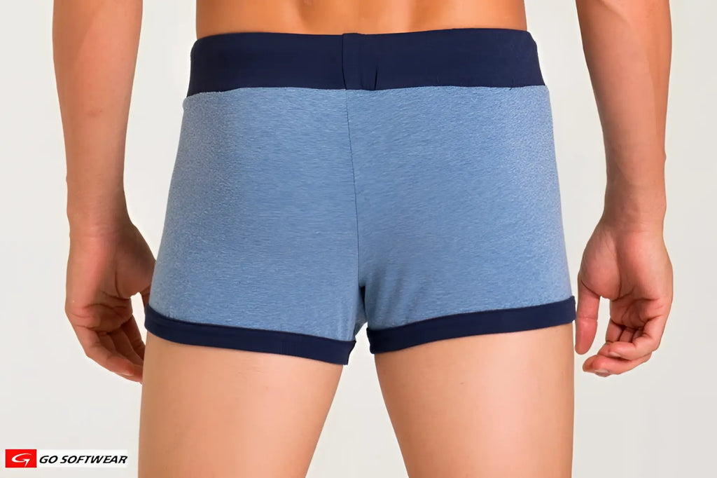 Blue heathered boxer shorts with navy blue elastic waistband and trim from the California Bliss Row Short collection