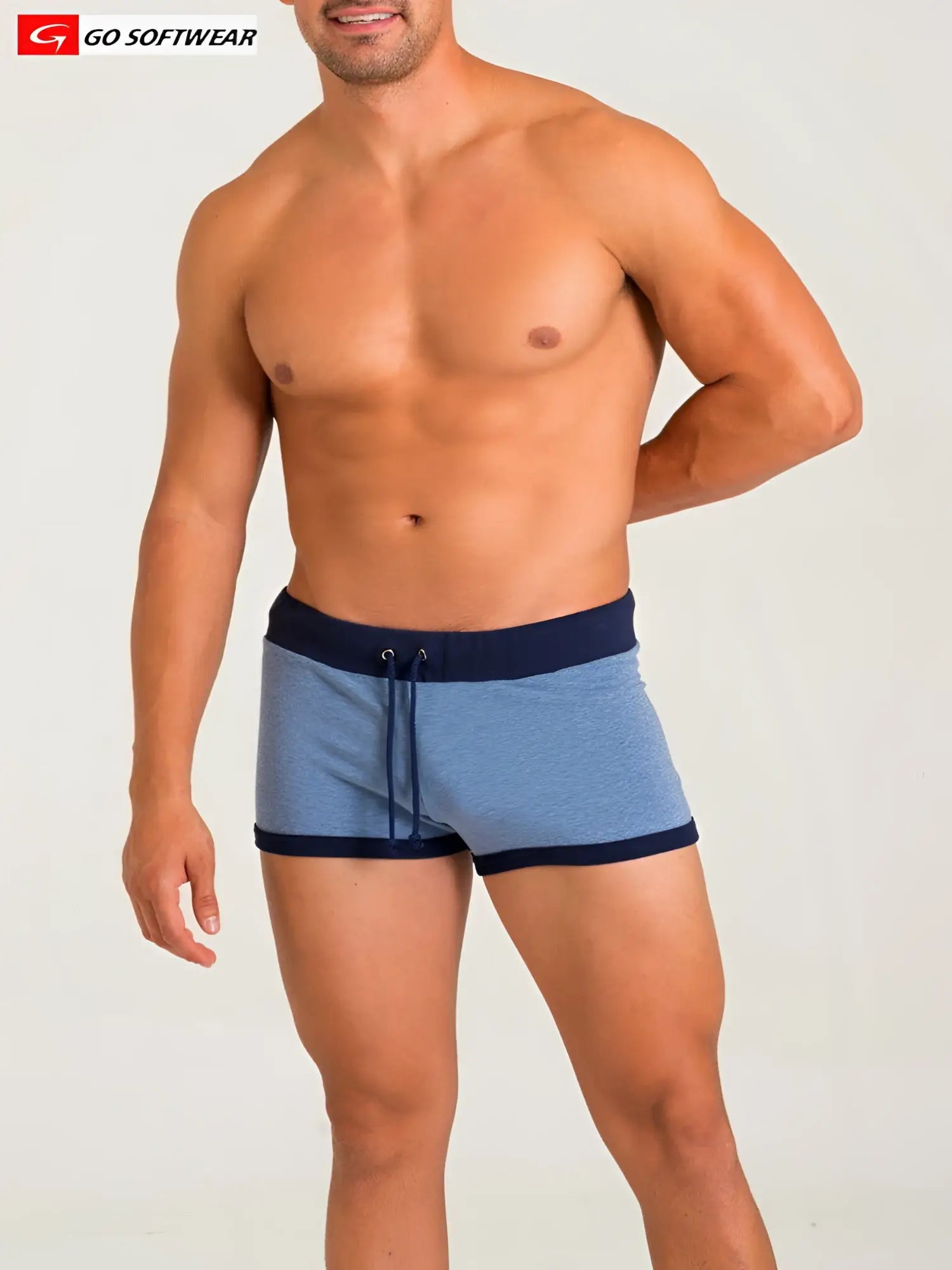 California Bliss Row Short blue heathered swim trunks with navy blue trim and drawstring waistband for swimming