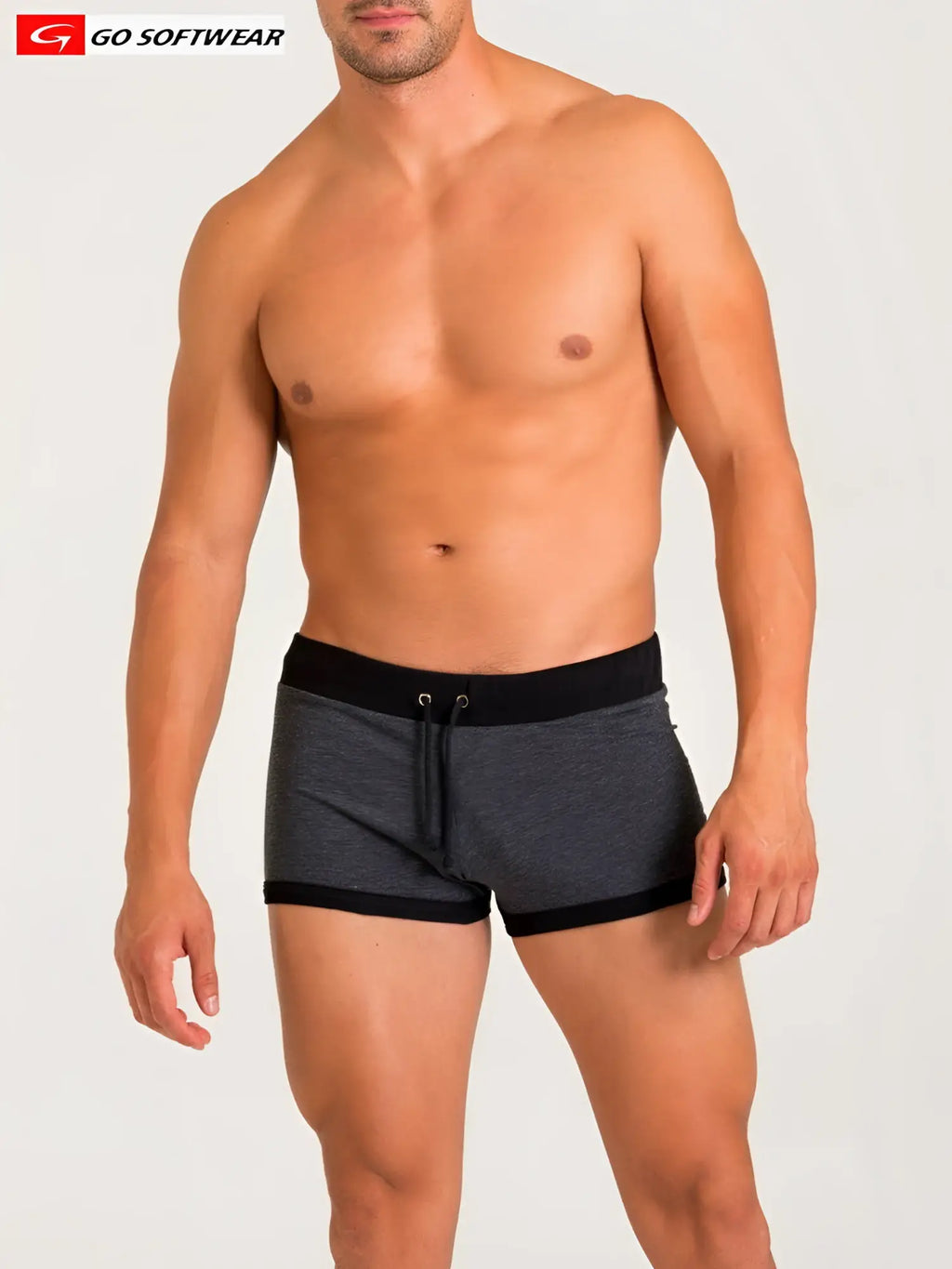 Dark gray heathered california bliss row short swim trunks with black elastic waistband and trim