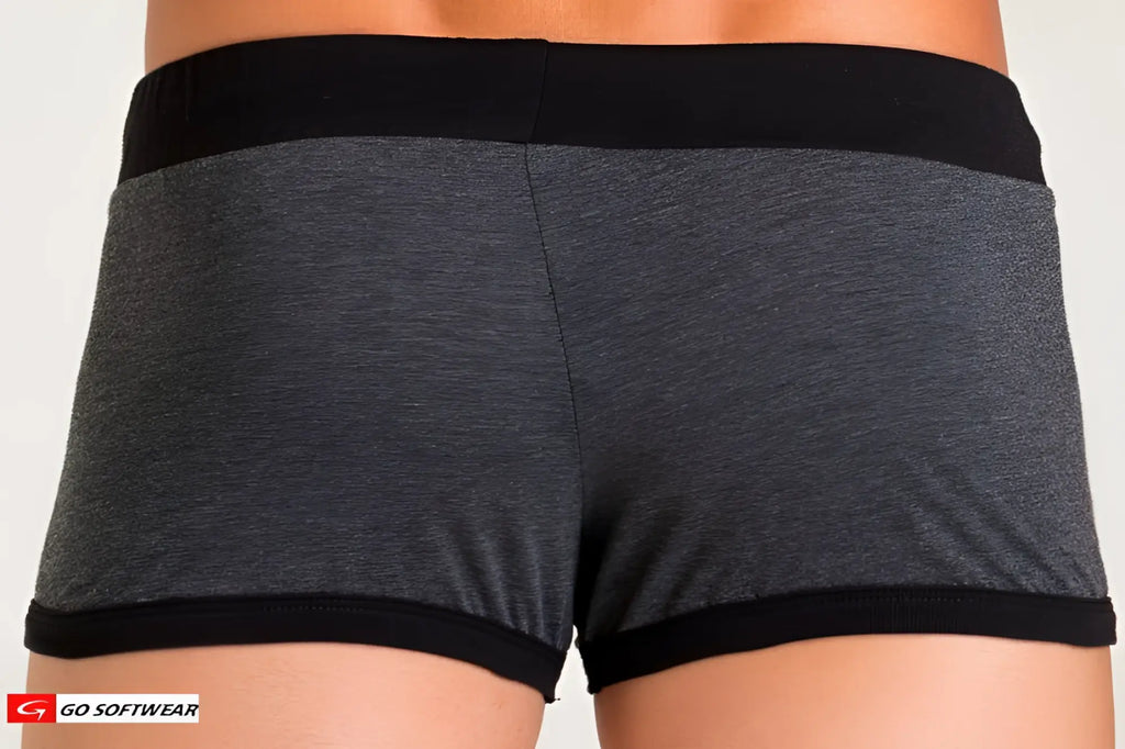 Gray heathered california bliss row short boxer briefs with black elastic waistband and leg openings