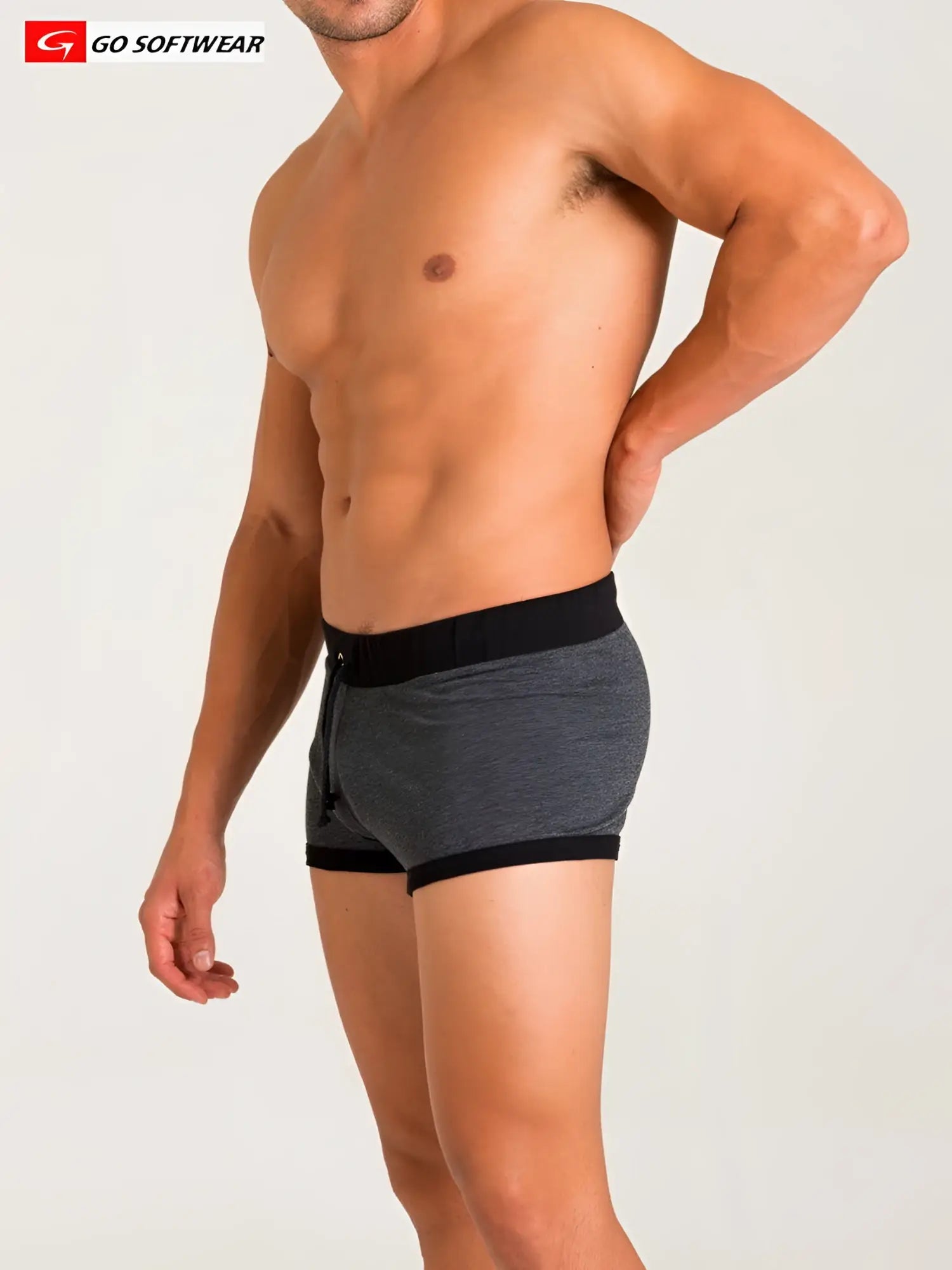Gray heathered boxer briefs with black elastic waistband and leg trim featuring a drawstring closure california bliss row short