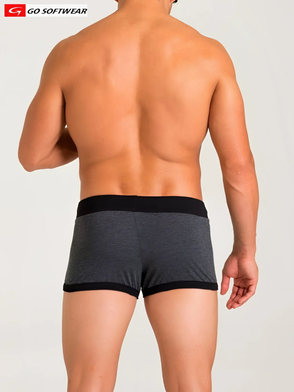 Gray heathered boxer briefs with black elastic waistband and leg trim branded Go Softwear California Bliss Row Short