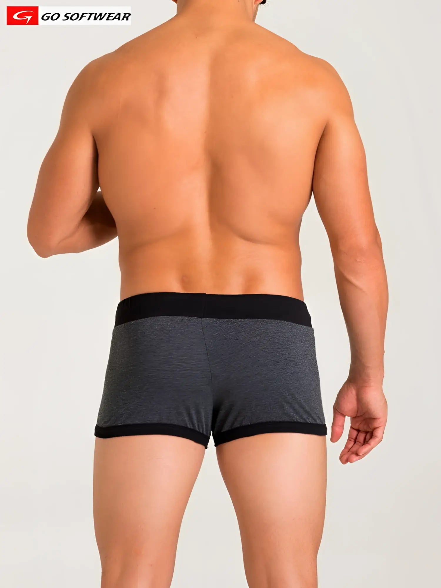 Gray heathered boxer briefs with black elastic waistband and leg trim branded Go Softwear California Bliss Row Short