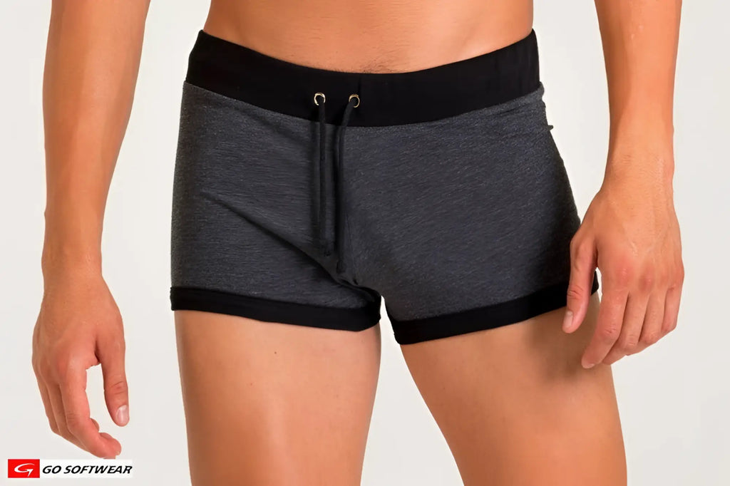 California bliss row short gray heathered shorts with black elastic waistband trim and drawstring closure