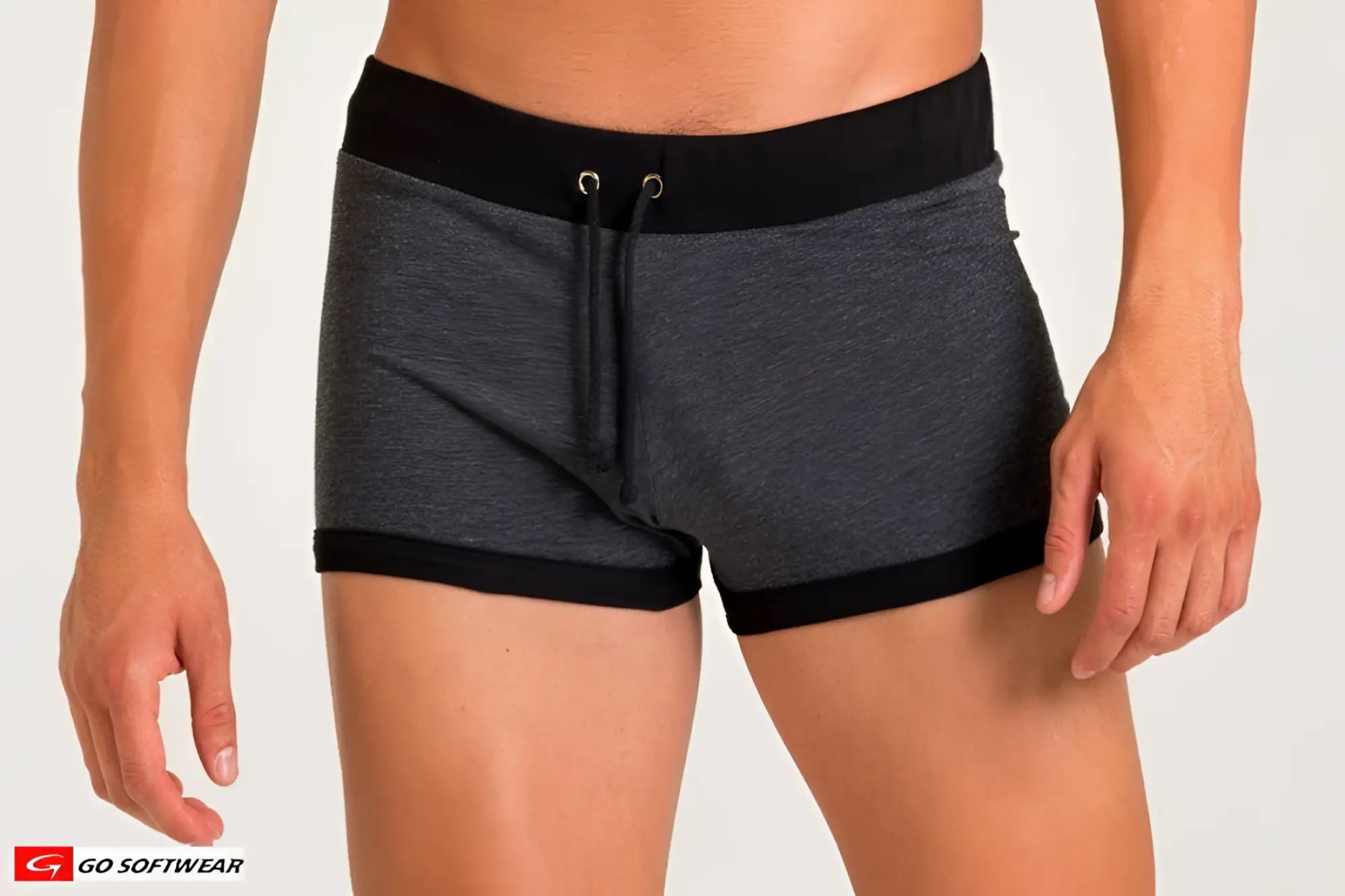 California bliss row short gray heathered shorts with black elastic waistband trim and drawstring closure