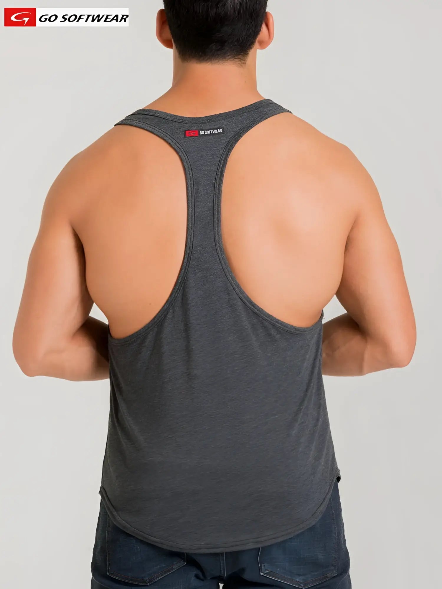 Dark gray heathered California Bliss y-back muscle tank with racerback design and subtle red white logo at neckline