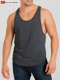 Dark gray heathered california bliss y-back muscle tank with rounded neckline and curved hem shown from back