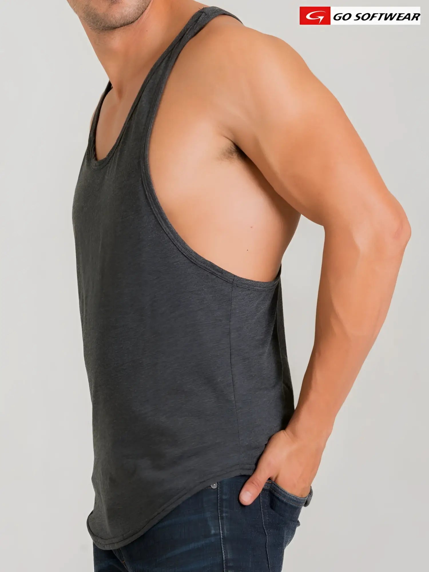 Dark gray heathered california bliss y-back muscle tank with scoop neckline and side cutouts front view