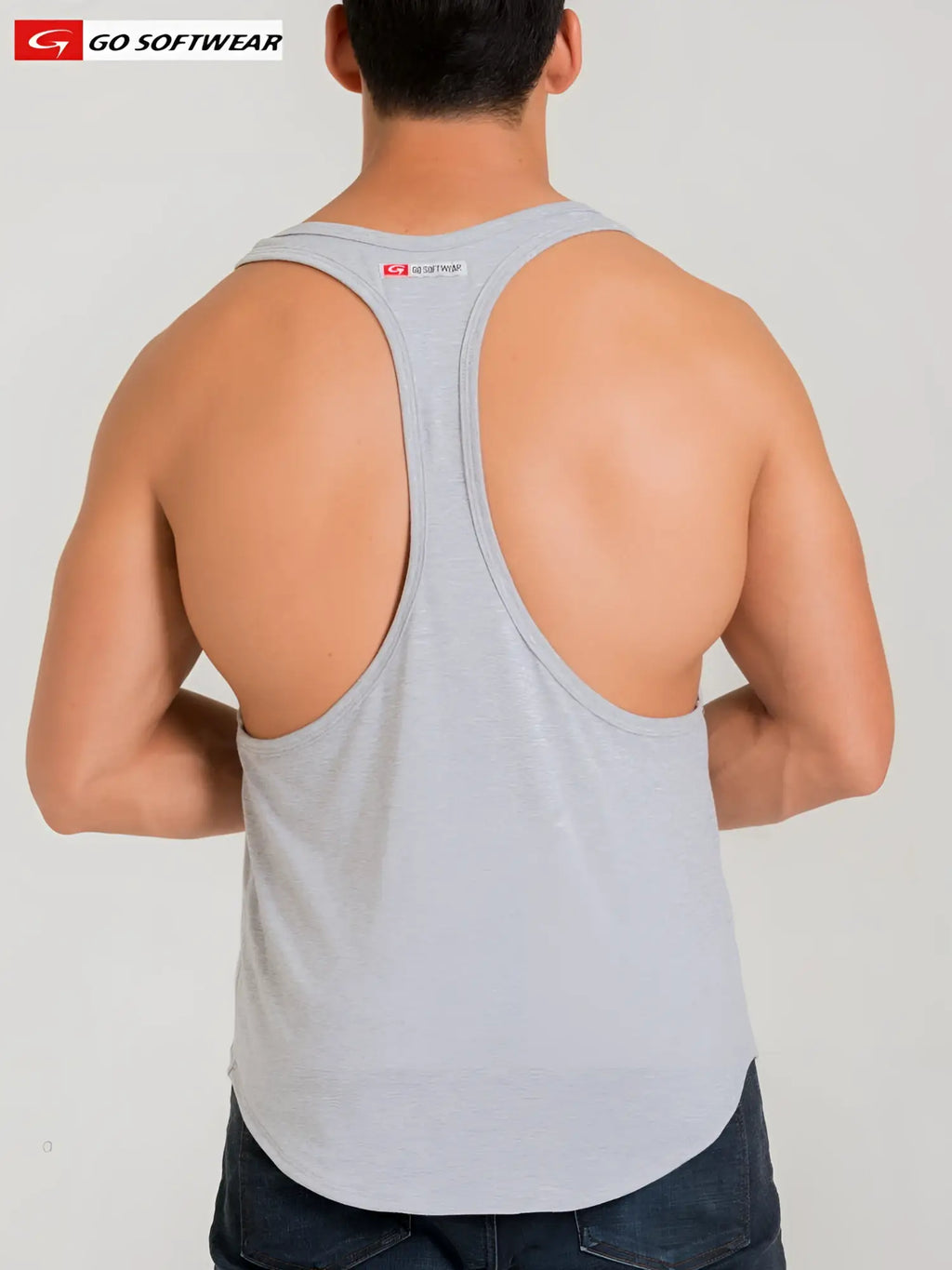 Gray California Bliss Y-Back muscle tank with subtle heathered texture and small brand tag at the neckline