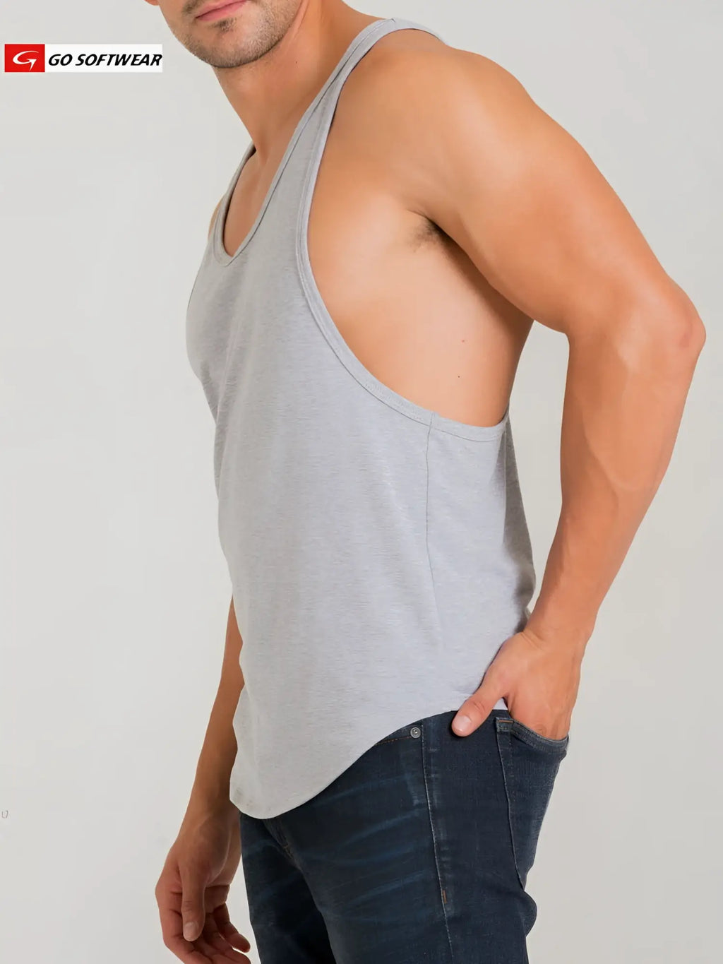 Gray california bliss y-back muscle tank with v-neck and side seam detail shown from the back