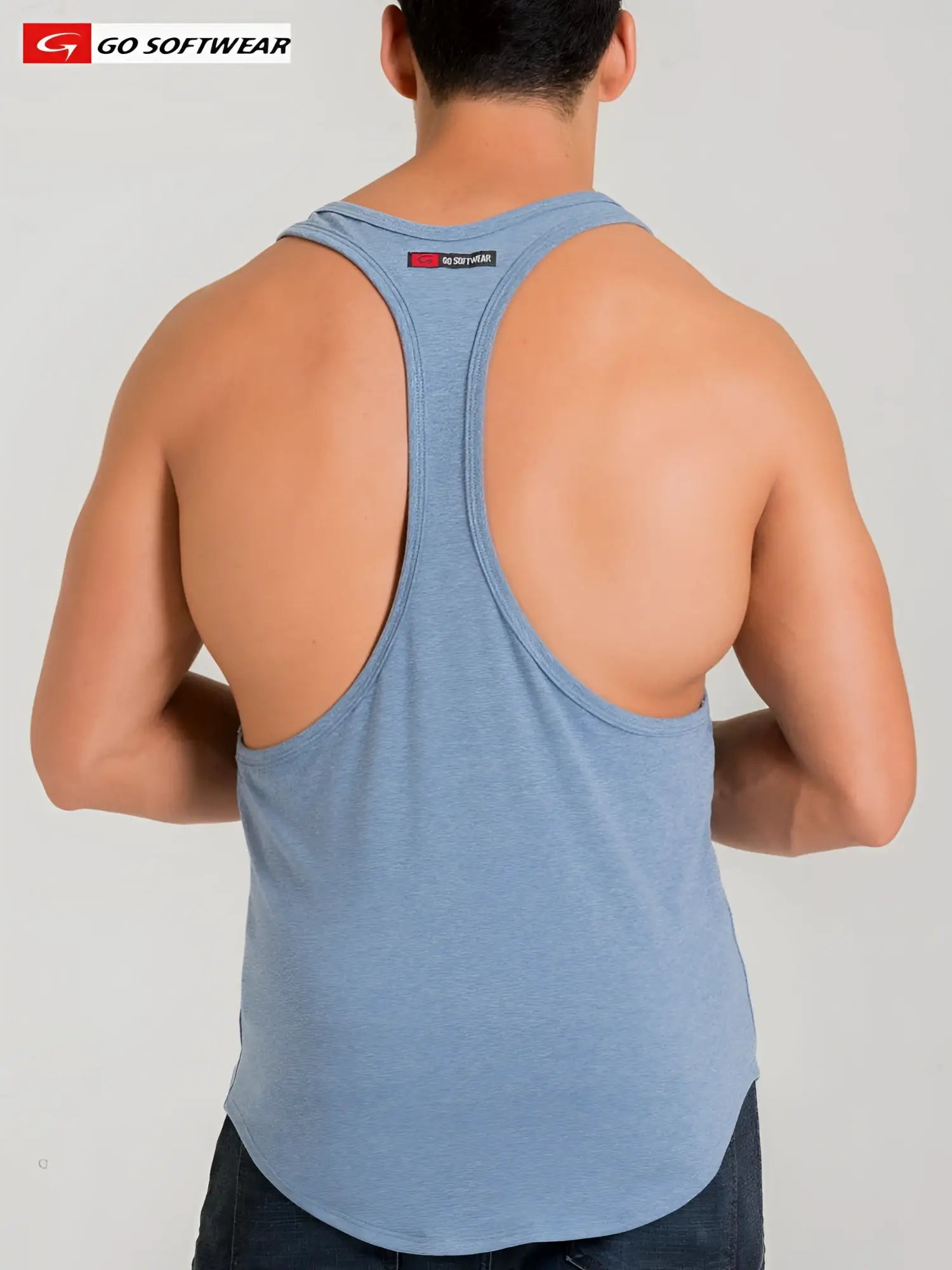 Light blue heathered California Bliss y-back muscle tank with racerback design and small red black brand tag at neckline