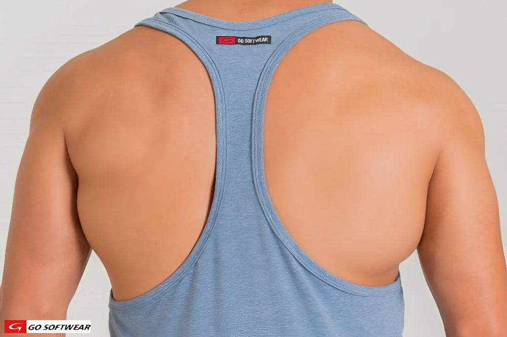 Light blue heathered california bliss y-back muscle tank with racerback design and black red brand tag at neckline