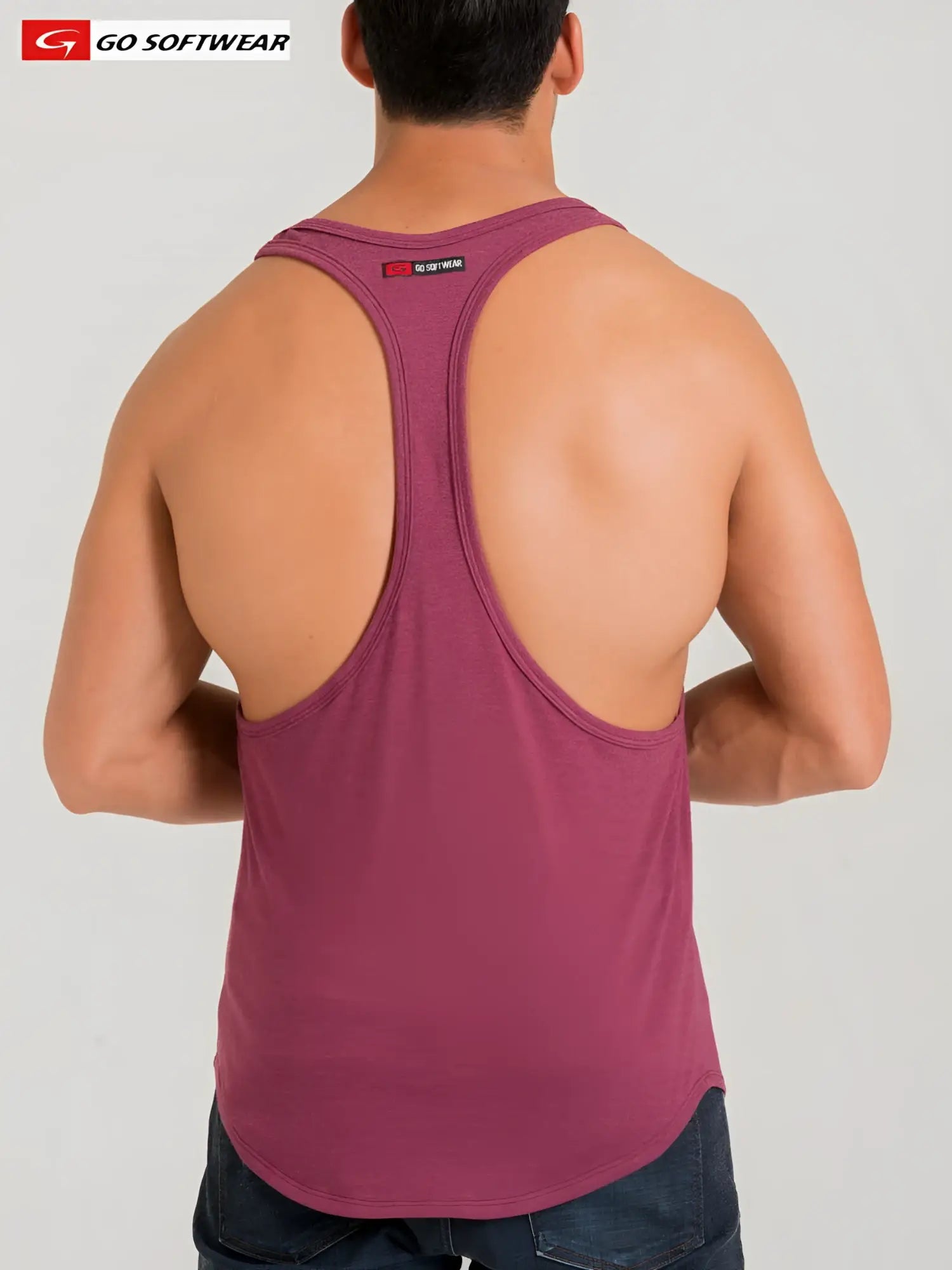 A maroon california bliss y-back muscle tank by go softwear shown from the back with racerback design