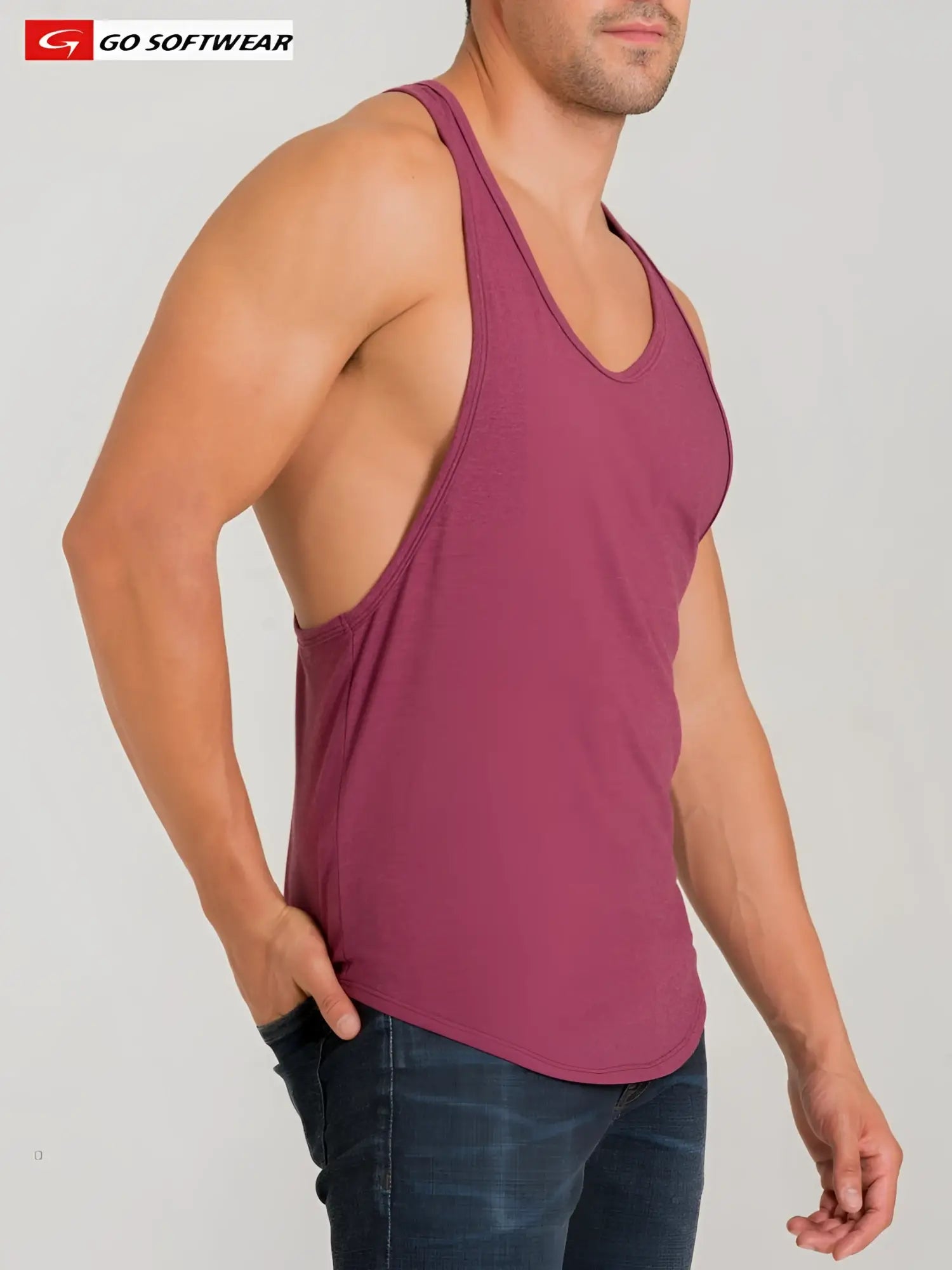 A maroon sleeveless California Bliss y-back muscle tank with scoop neckline and back cutout shown from the back