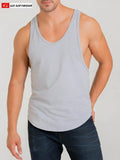 Men’s gray heathered California Bliss Y-back muscle tank with scoop neckline curved hem and go softwear logo on chest