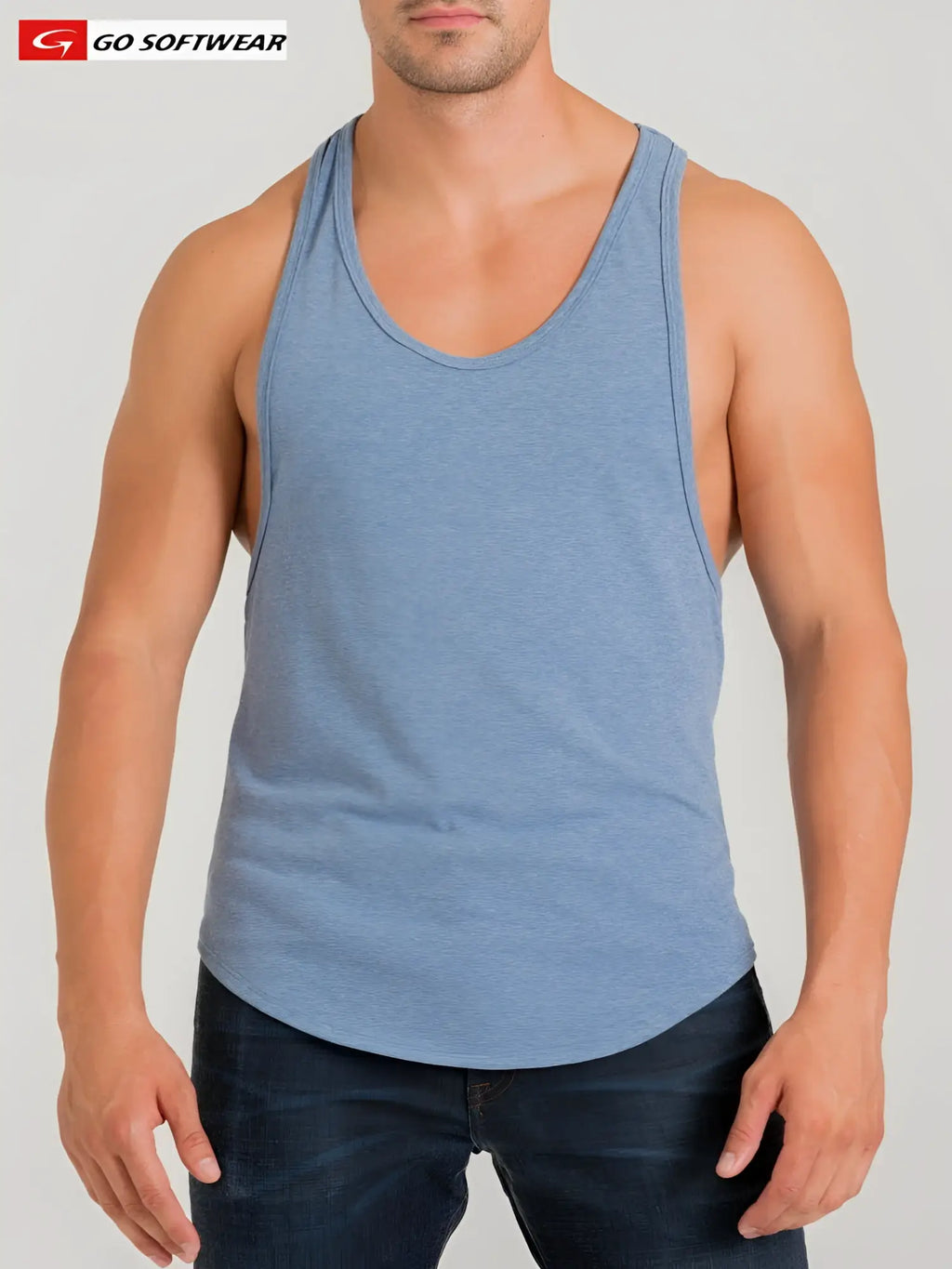A men’s light blue heathered California bliss y-back muscle tank top with rounded neckline and go softwear logo