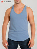 A men’s light blue heathered California bliss y-back muscle tank top with rounded neckline and go softwear logo