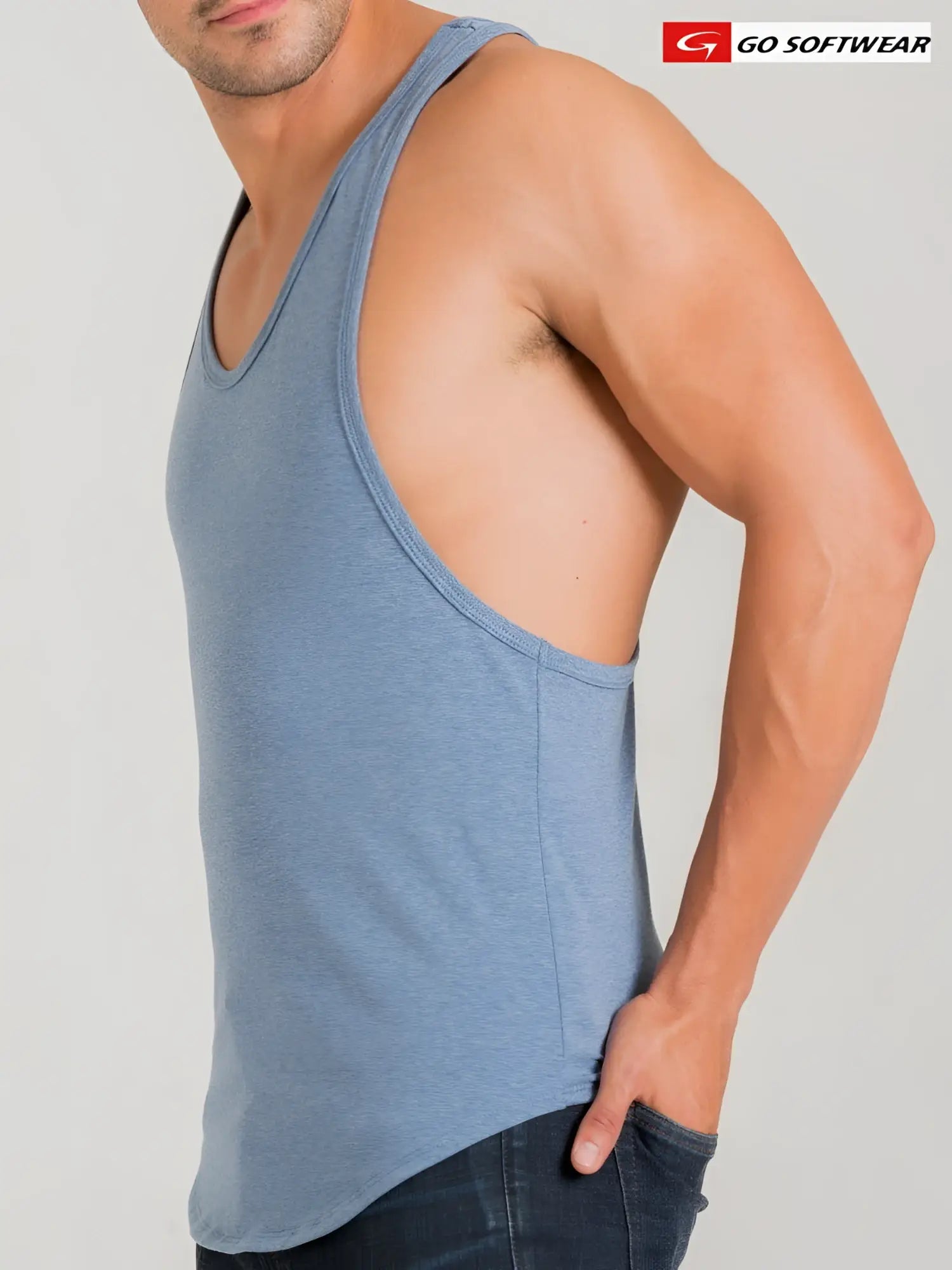 A men’s light blue heathered California Bliss y-back muscle tank with scoop neckline side cutouts and go softwear logo