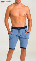 California Bliss yoga short blue heathered with navy elastic waistband trim side pockets and drawstring closure