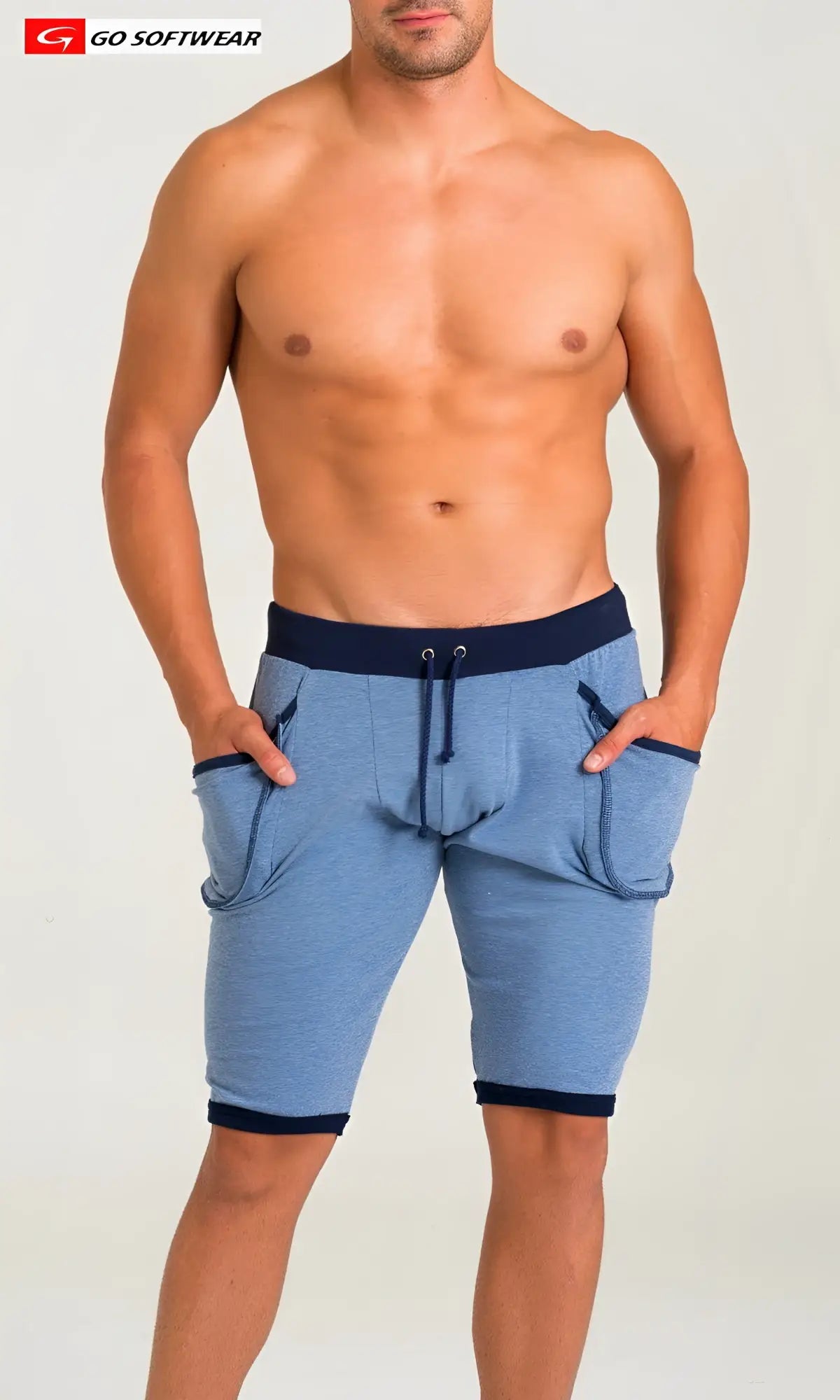 California Bliss yoga short blue heathered with navy elastic waistband trim side pockets and drawstring closure