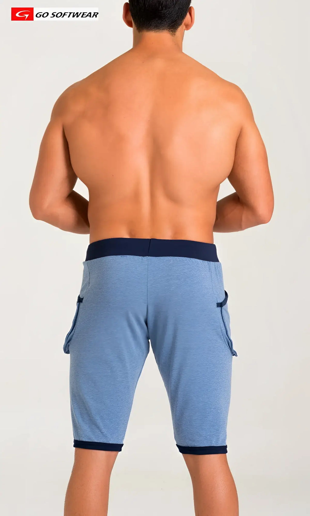 California Bliss yoga short in blue heathered fabric with navy elastic waistband trim and side pockets
