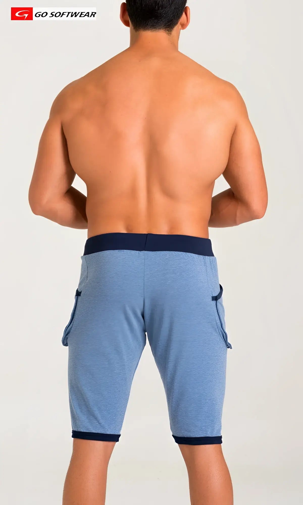 California Bliss yoga short in blue heathered fabric with navy elastic waistband trim and side pockets