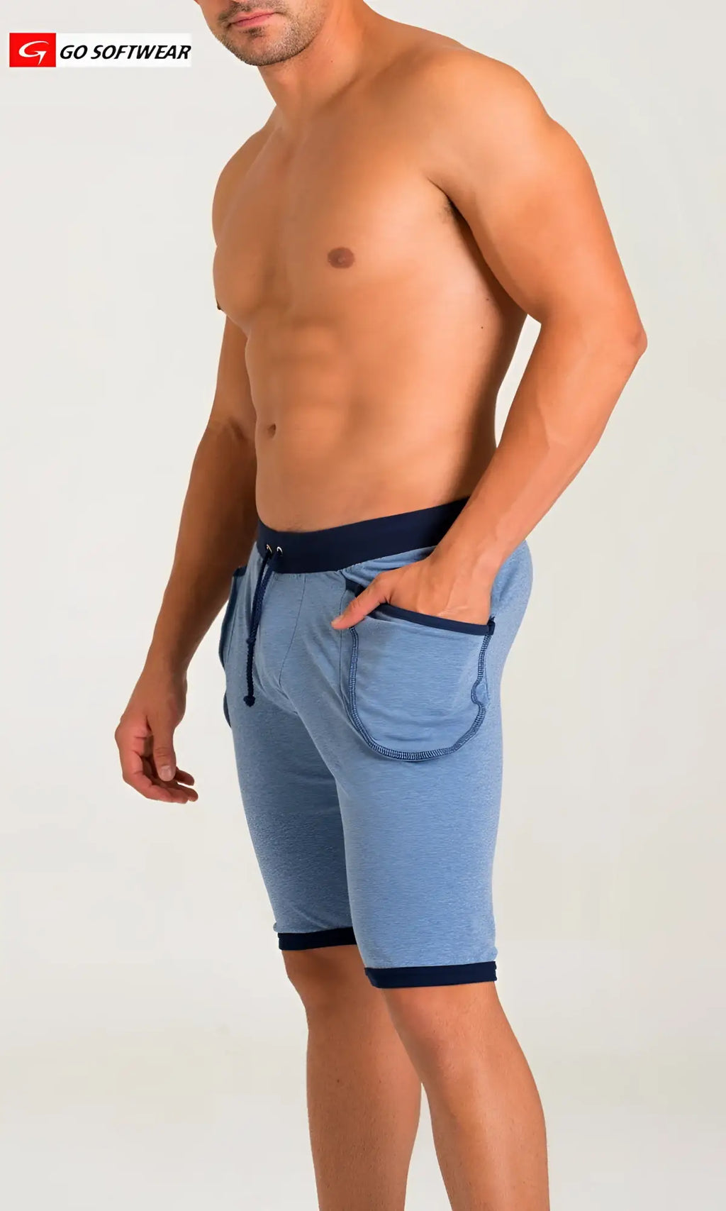 California bliss yoga short in blue heathered fabric with navy blue trim and drawstring waistband for comfort
