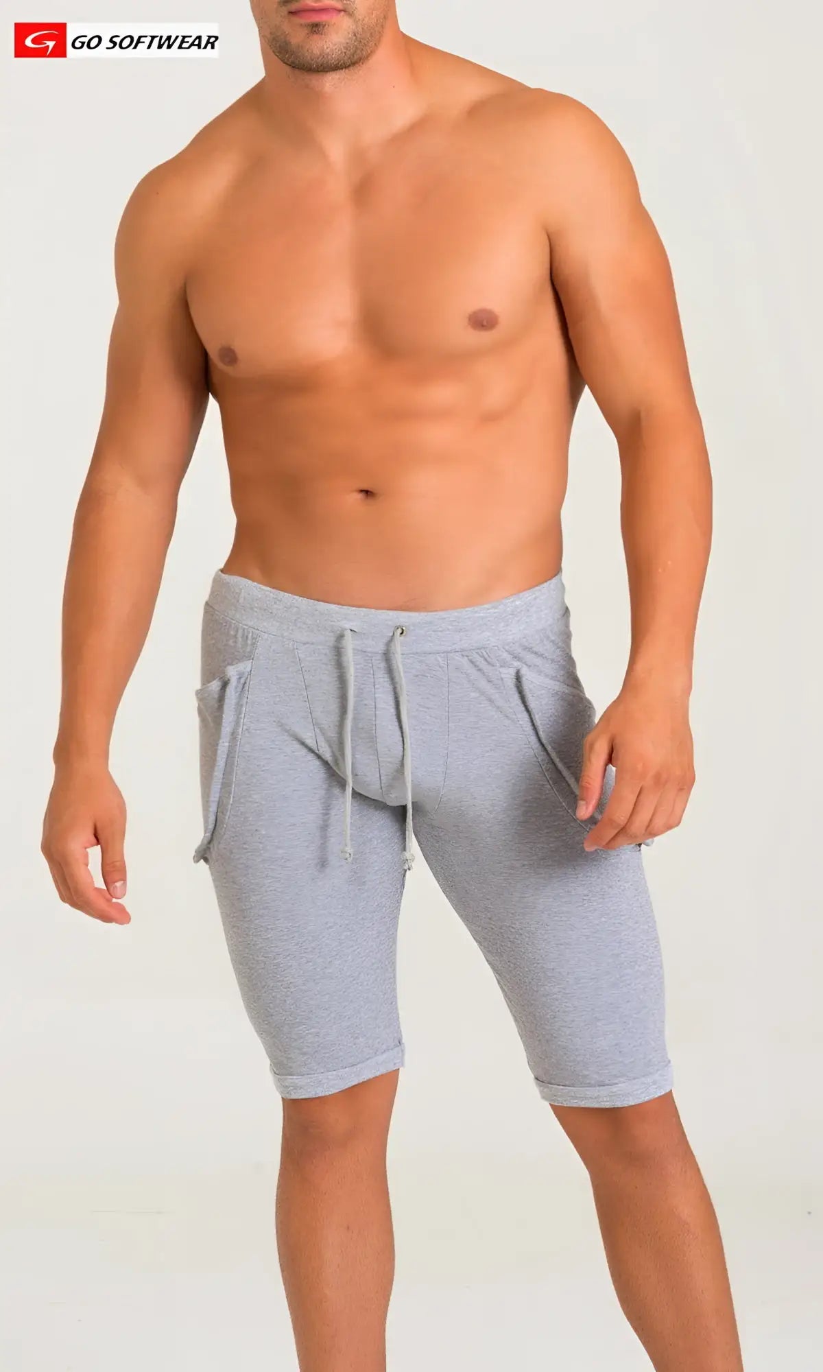 Gray heathered cotton california bliss yoga short jogger shorts with side pockets and a drawstring waistband