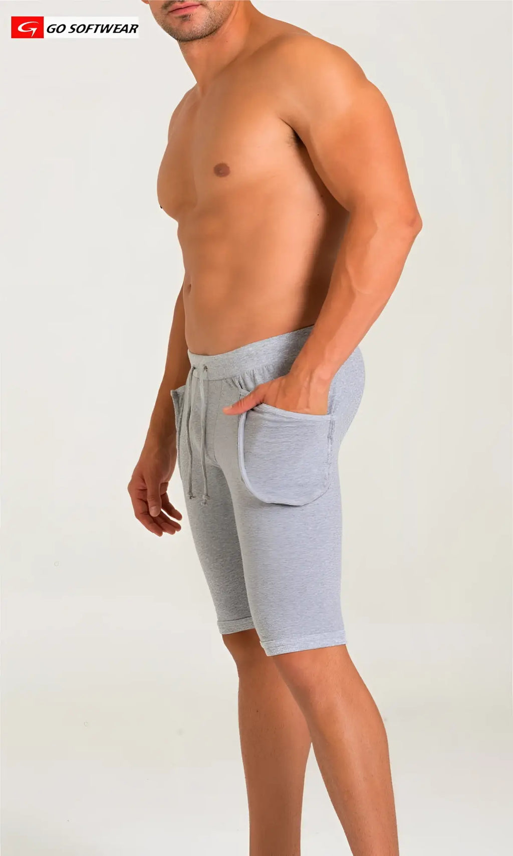 California bliss yoga short in gray heathered cotton with side pockets and drawstring waistband for comfort