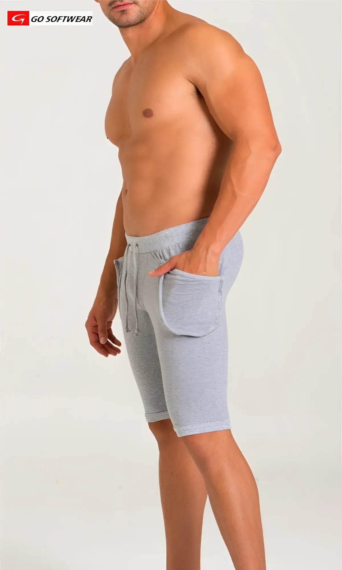 California bliss yoga short in gray heathered cotton with side pockets and drawstring waistband for comfort