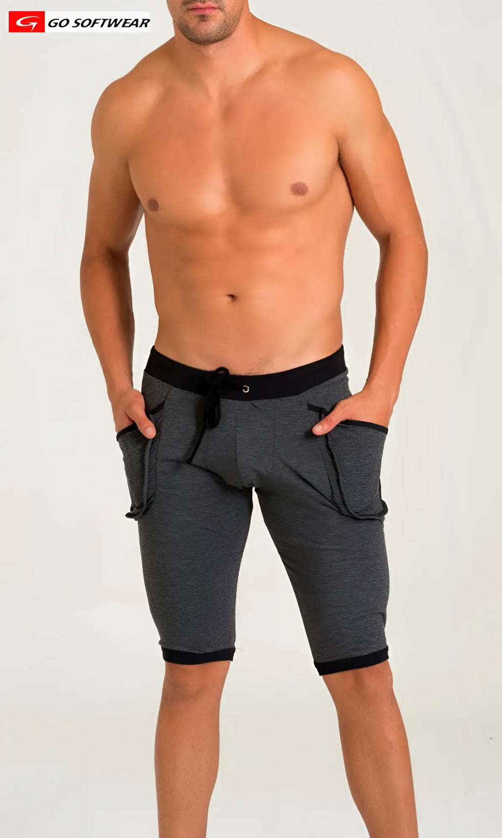 California Bliss yoga short gray heathered with black elastic waistband drawstring and side pockets with flap closures