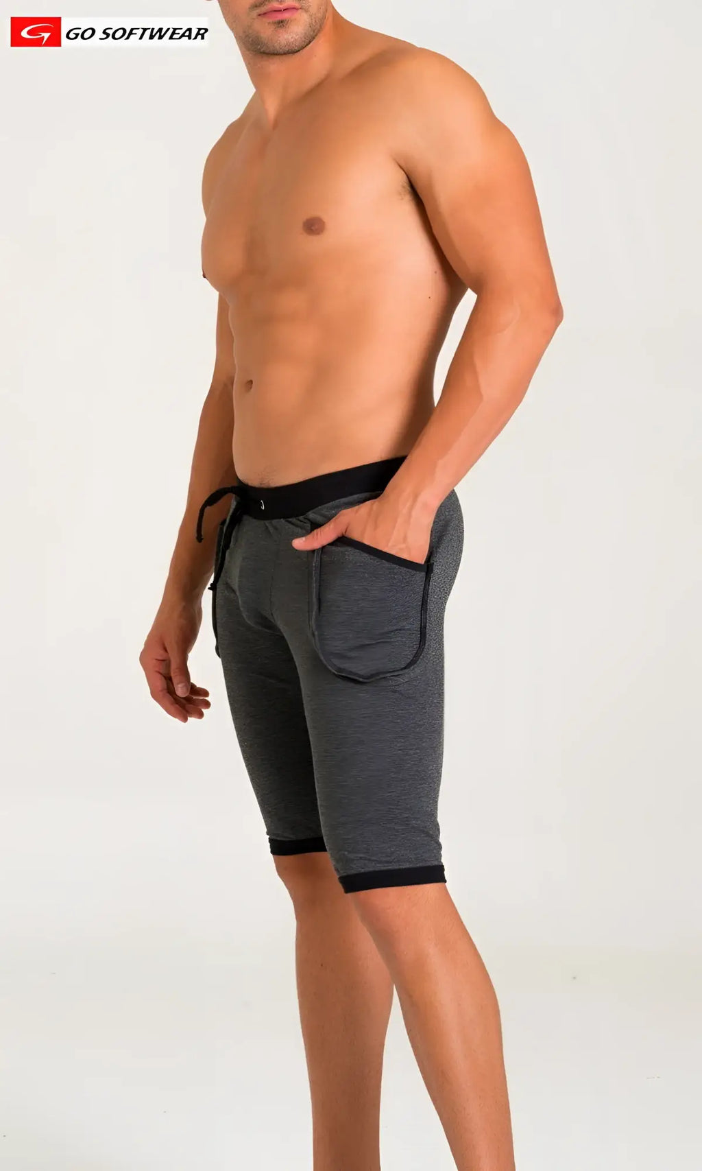 Gray heathered california bliss yoga shorts with black trim and drawstring waistband for comfortable workouts
