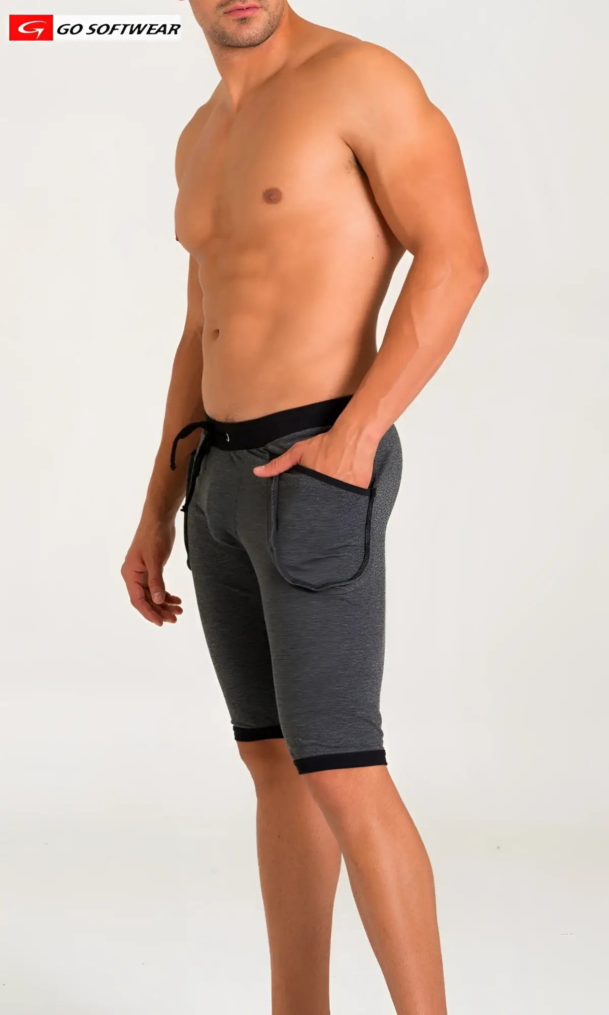 Gray heathered california bliss yoga shorts with black trim and drawstring waistband for comfortable workouts