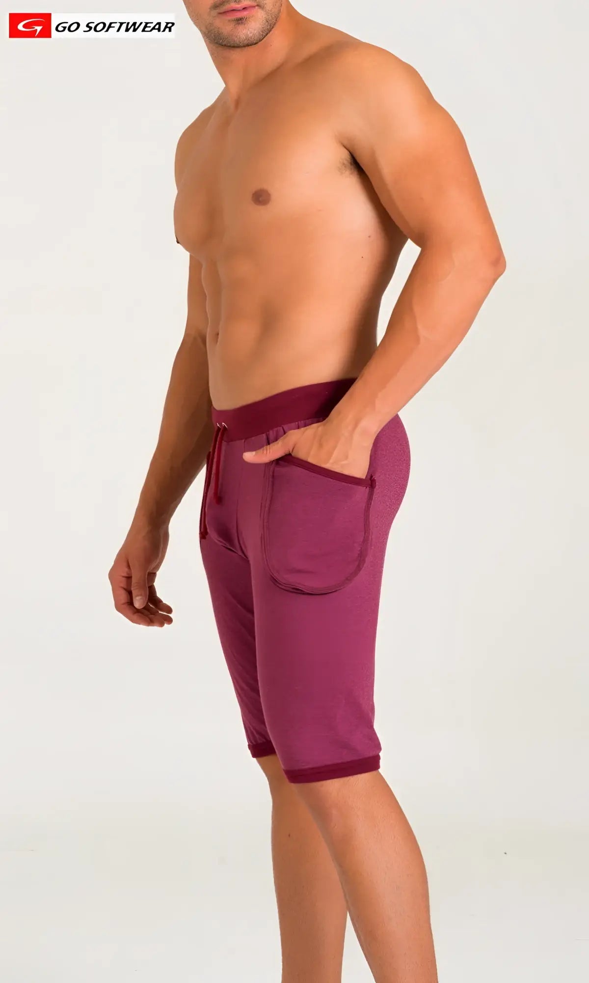 Maroon california bliss yoga shorts with soft fabric finish matching drawstring waistband and side pockets